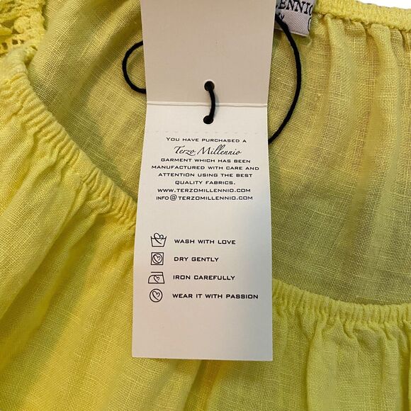 Terzo Millennio Yellow Linen Top Blouse Women Size S Open Shoulders Relaxed Fit - Picture 11 of 14
